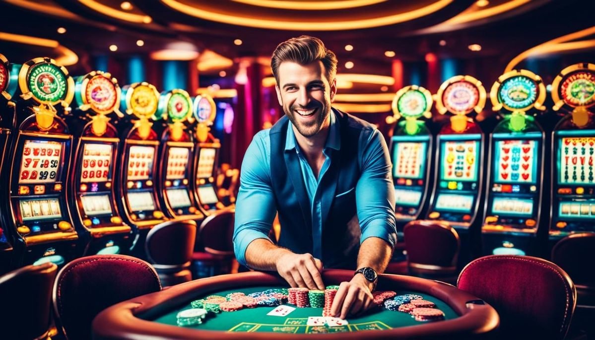 Antarmuka split-screen kaisar slot dengan Piala Asia di satu sisi dan meja baccarat langsung di sisi lain